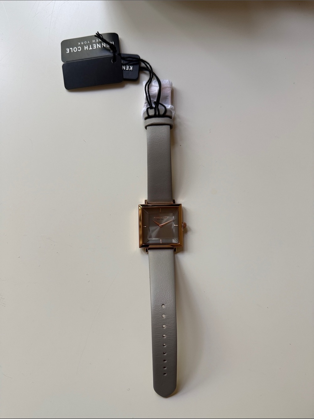 Kenneth Cole Rose Gold Square Case Gray Leather Strap Watch